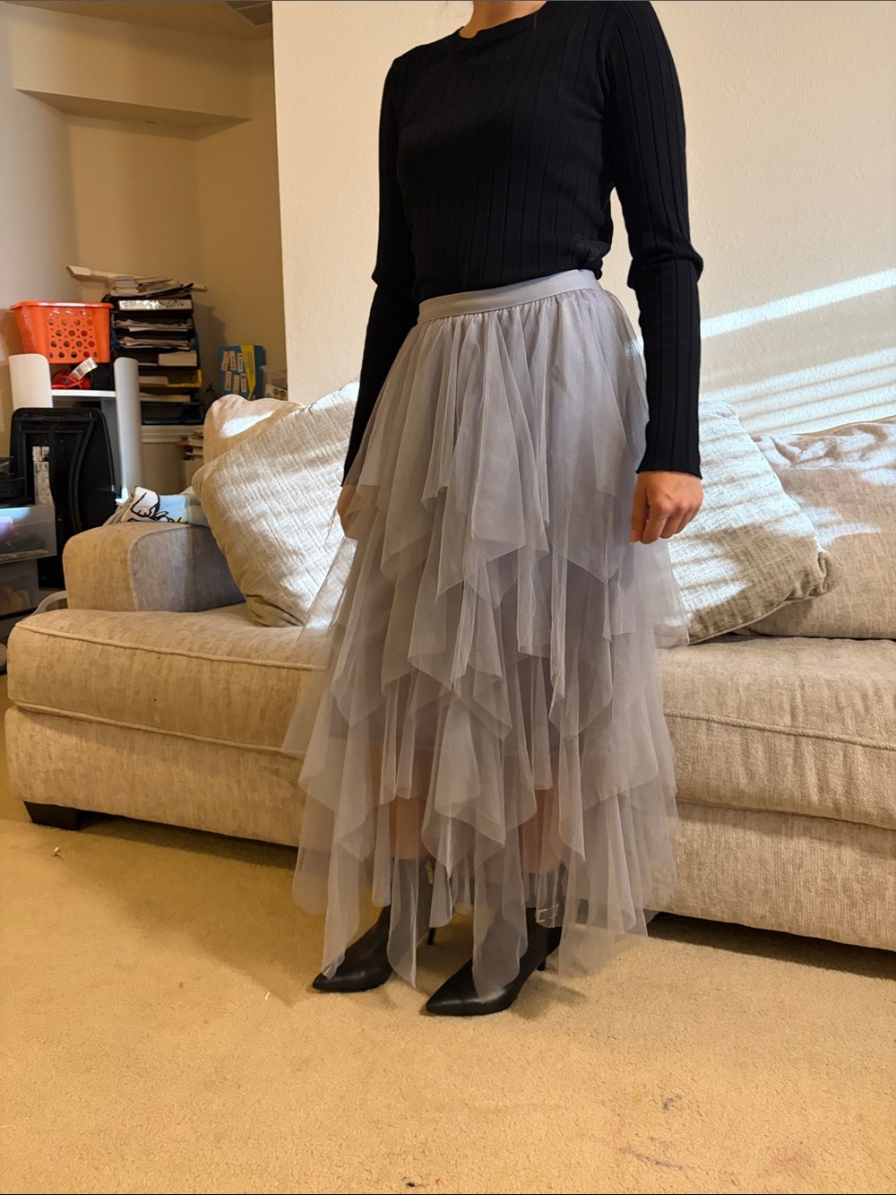 New Mix Layered Tulle Maxi Skirt in Light Gray